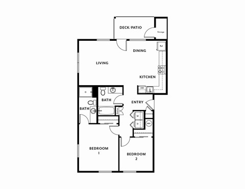 Floor plan for 2 beds, 2 baths, 988 sqft